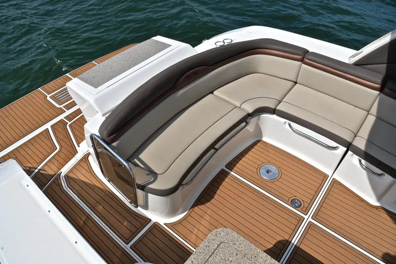 Slide: The Image of 2016 Sea Ray Sundancer 370 boat with elegant seating and teak flooring. - 16