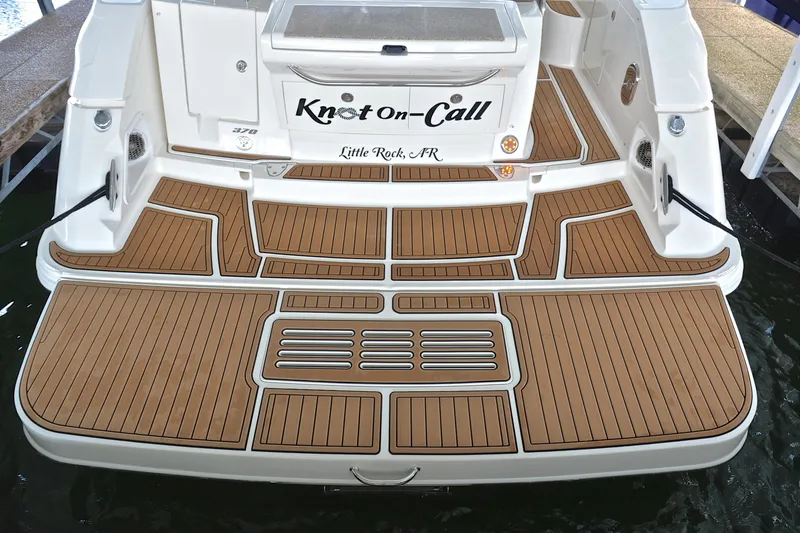 Slide: The Image of 2016 Sea Ray Sundancer 370 boat with teak deck, named "Knot on Call," docked in Little Rock, AR. - 28
