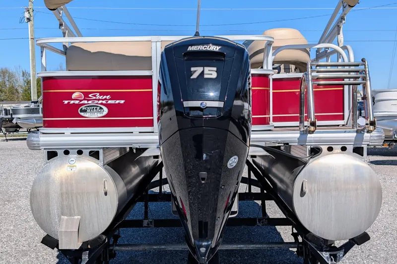 Slide: The Image of 2023 Sun Tracker Party Barge 18 with Mercury 75 engine, red and silver design. - 3