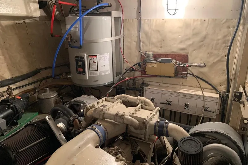 Slide: The Image of Engine room of 1978 Hatteras 53 Motor Yacht with Detroit engine components. - 70