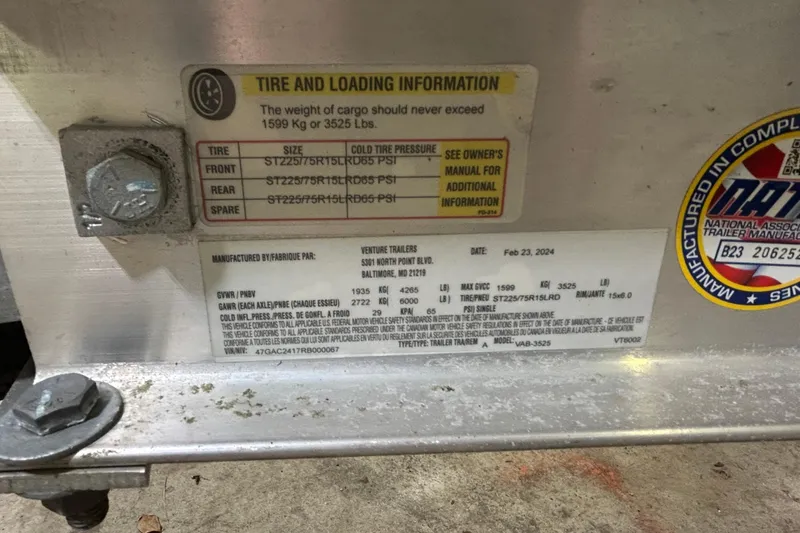 Slide: The Image of 2024 Tidewater 198 CC Adventure tire and loading information label with specifications. - 26