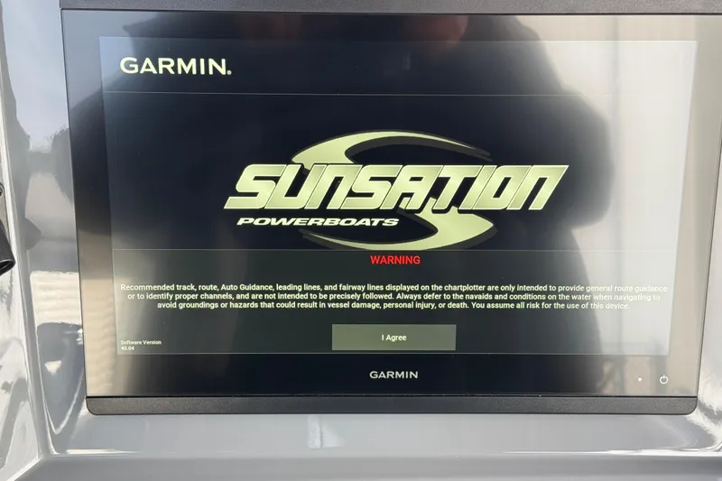 Slide: The Image of Garmin display on 2026 Sunsation 32 CCX powerboat showing warning message. - 28