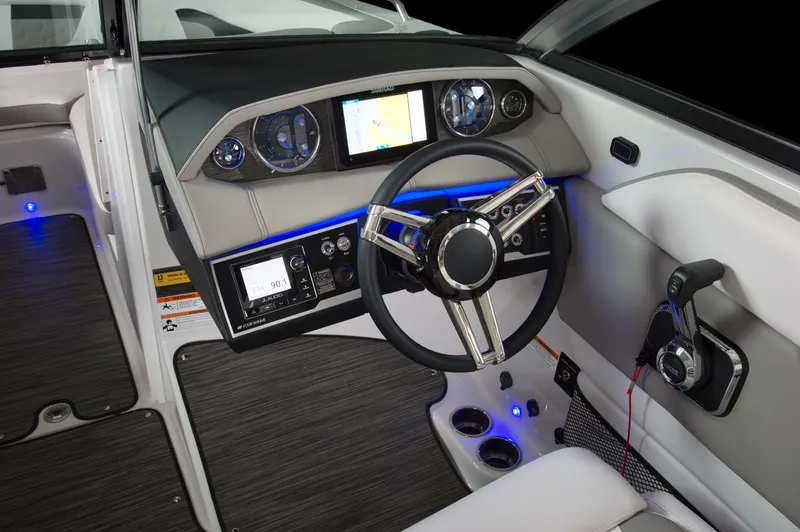 Slide: The Image of Manufacturer Provided Image: 2018 Four Winns HD240 OB boat interior with white seating and round table. - 16