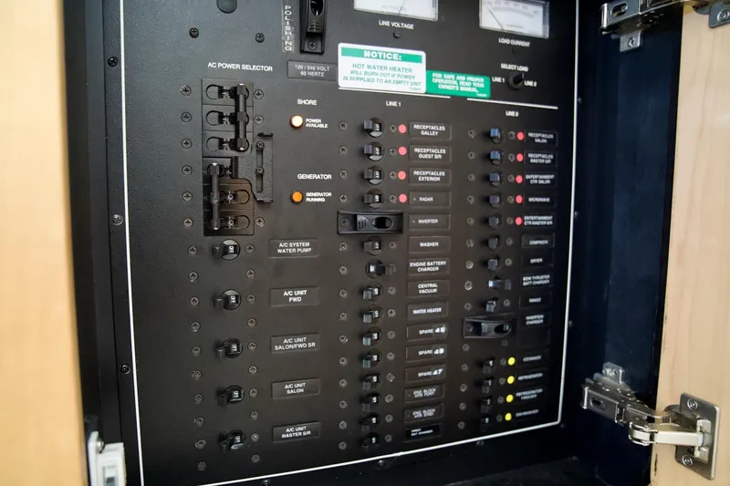 Slide: The Image of Electrical control panel inside a 2000 Carver 506 Motor Yacht, featuring various switches and indicators. - 66