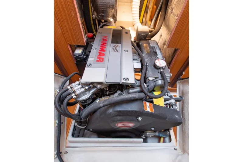 Slide: The Image of Yanmar engine in 2019 Catalina 425 sailboat, showcasing detailed components and layout. - 47