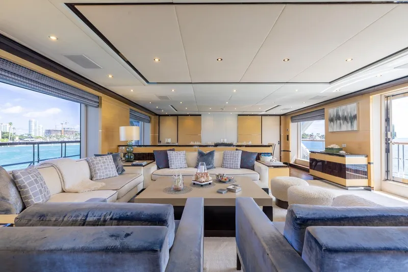 Slide: The Image of Luxurious interior of 2018 Benetti Fast 125 yacht with elegant seating and panoramic windows. - 14