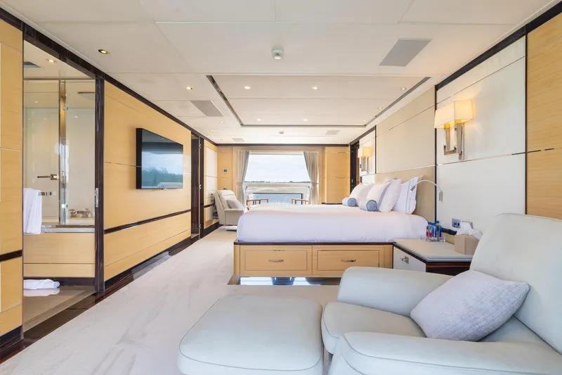 Slide: The Image of Luxurious interior of 2018 Benetti Fast 125 yacht, featuring elegant bedroom and modern amenities. - 18