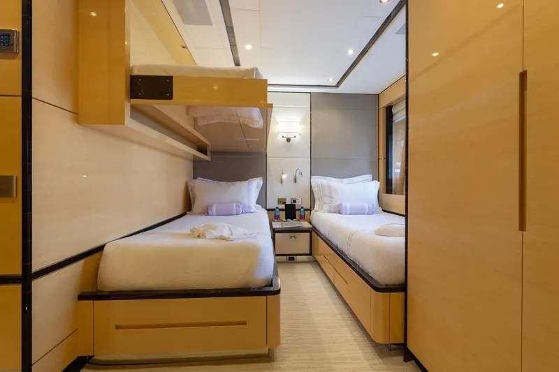Slide: The Image of Luxurious twin cabin interior on 2018 Benetti Fast 125 yacht, featuring modern design and cozy beds. - 25