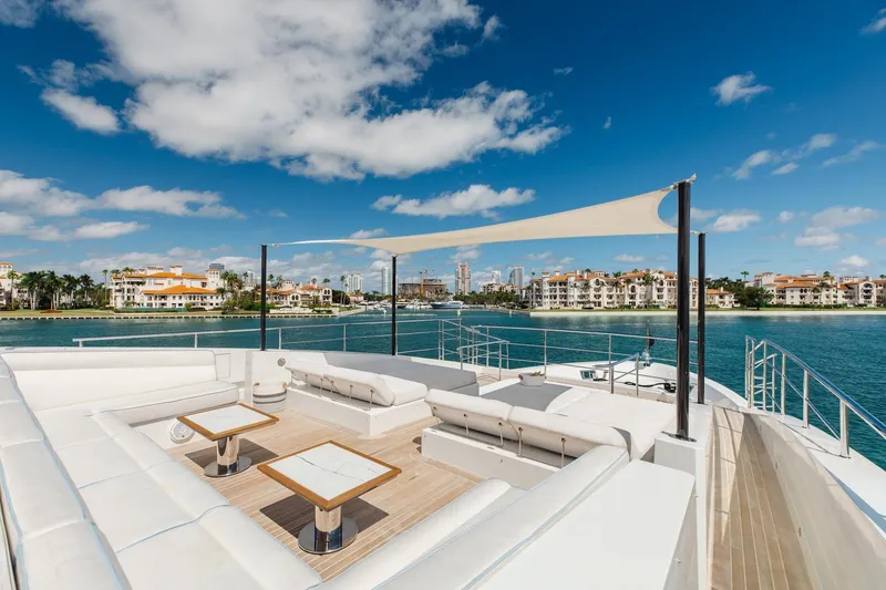 Slide: The Image of Luxurious 2018 Benetti Fast 125 yacht deck with elegant seating and scenic waterfront view. - 38