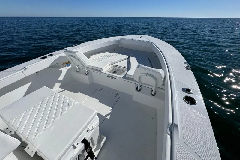 Slide: The Image of 2026 BlackJack 256 Coastal boat interior on open water, featuring white seating and sleek design. - 13