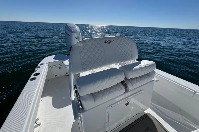 Slide: The Image of 2026 BlackJack 256 Coastal boat with white seating, cruising on open water under clear skies. - 23