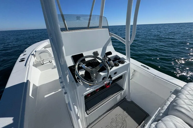 Slide: The Image of 2026 BlackJack 256 Coastal boat helm on open water, featuring sleek design and modern controls. - 24