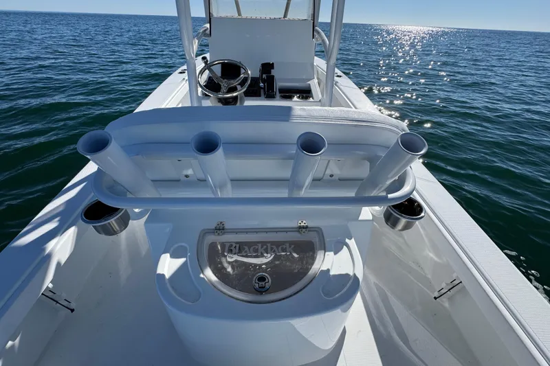 Slide: The Image of 2026 BlackJack 256 Coastal boat on open water, featuring rod holders and steering console. - 29