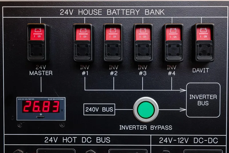 Slide: The Image of Control panel of 2027 Fleming 85 Pilothouse, featuring 24V house battery bank switches. - 101