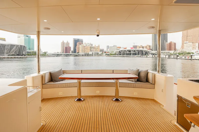 Slide: The Image of Luxurious 2027 Fleming 85 Pilothouse yacht deck with waterfront city view. - 5