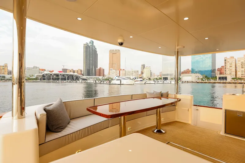 Slide: The Image of Luxurious 2027 Fleming 85 Pilothouse yacht with city skyline view. - 6