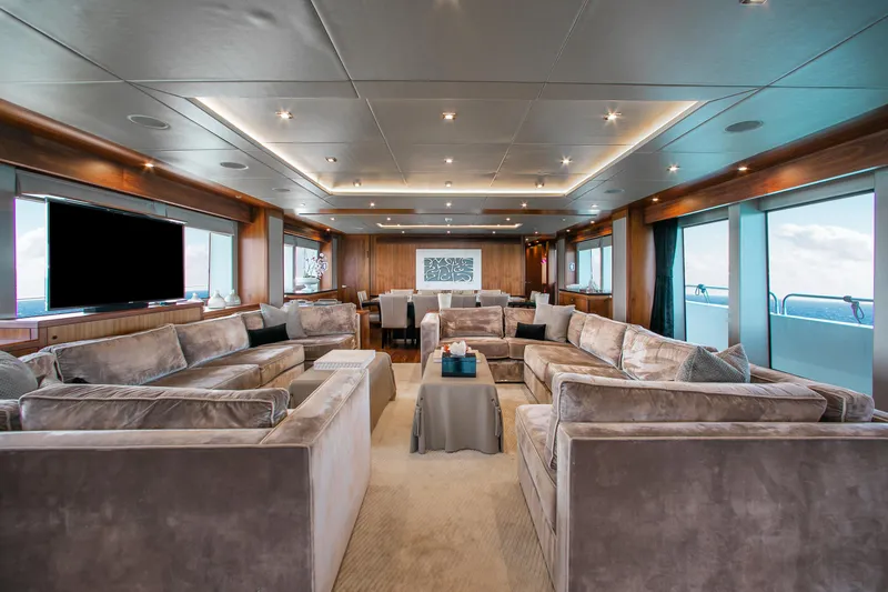 Slide: The Image of Luxurious interior of 2014 Sunseeker 131 yacht with wooden flooring and ocean view. - 10