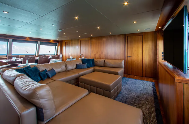 Slide: The Image of Luxurious dining area on the 2014 Sunseeker 131 yacht with ocean views. - 28