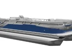 Slide: The Image of 2026 Tahoe Pontoon Sport 85 with versatile rear bench, blue design. - 4