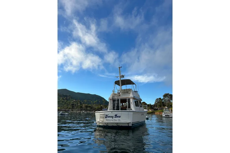 Slide: The Image of 2000 Sabre 34 Flybridge boat on calm water under a clear blue sky. - 5