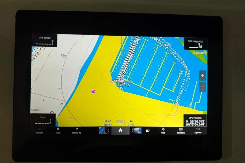 Slide: The Image of Garmin GPS display on 2024 Parker 2820 XLD Sport Cabin boat, showing navigation map. - 10