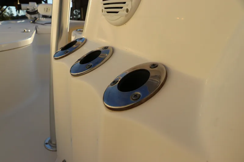 Slide: The Image of 2016 Sea Born FX21 Bay boat rod holders and speaker detail. - 16