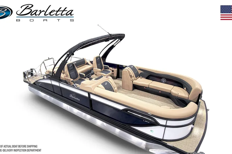 Slide: The Image of 2025 Barletta Cabrio 24UC pontoon boat with luxurious seating and sleek design. - 4