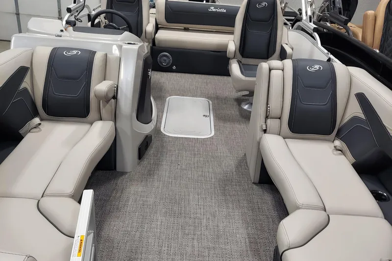 Slide: The Image of 2026 Barletta Cabrio 22UC pontoon boat interior with luxurious seating and modern design. - 5