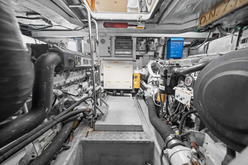 Slide: The Image of Engine room of 2006 Sunseeker Manhattan 50 yacht, featuring CAT marine power systems. - 59