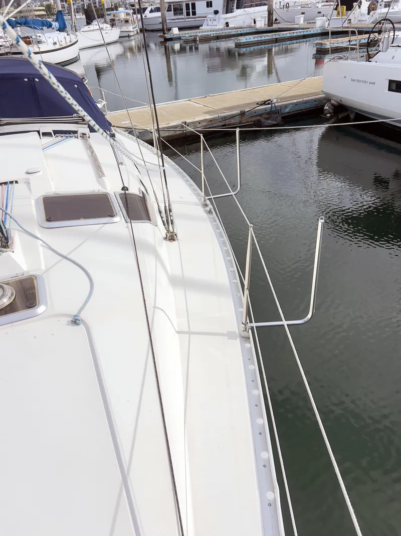 Slide: The Image of Sailboat docked at marina, Beneteau 370, 1990 model, calm water reflections. - 6