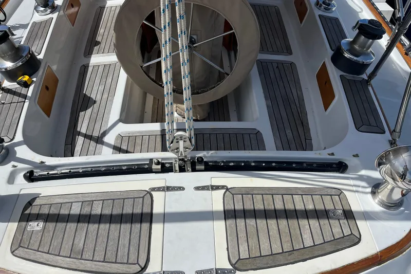 Slide: The Image of Overhead view of 1986 Liberty 49 sailboat with solar panels on deck. - 12