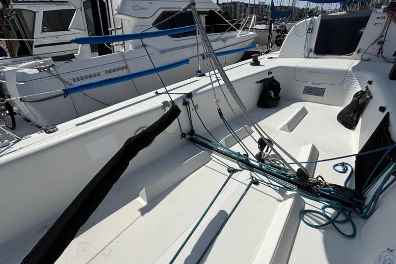 Slide: The Image of Cockpit of a 2007 Flying Tiger FT-10M sailboat with rigging and seating. - 15