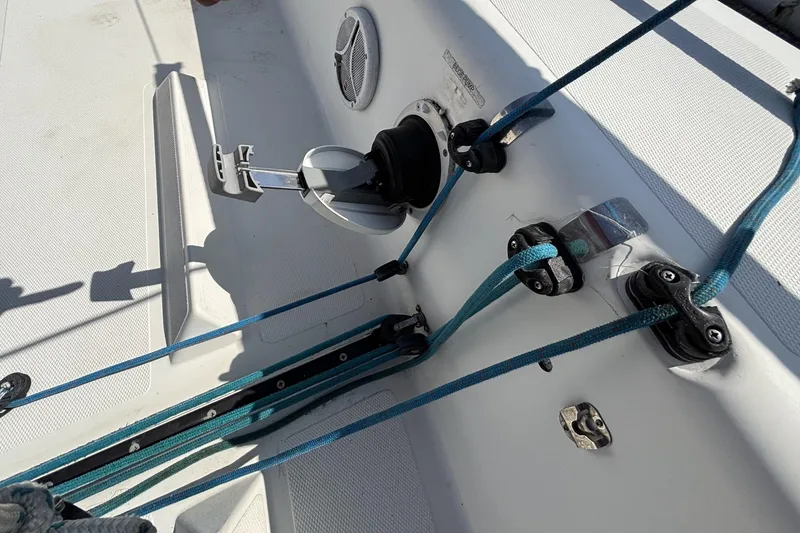 Slide: The Image of Sailing equipment on a 2007 Flying Tiger FT-10M boat deck with ropes and fittings. - 17