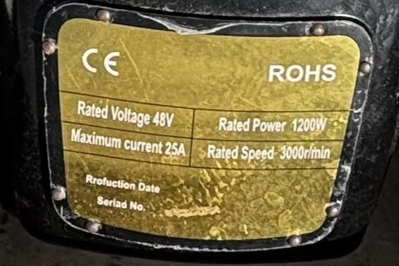 Slide: The Image of Label on Flying Tiger FT-10M motor, 48V, 1200W, 3000rpm, 25A, CE, ROHS compliant. - 24