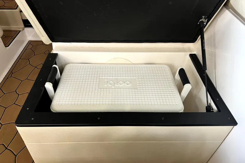 Slide: The Image of Storage compartment with Igloo cooler on 2021 Regal 26 XO boat. - 25