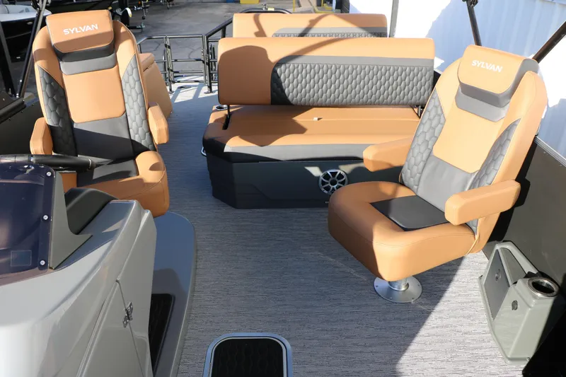 Slide: The Image of Luxurious interior of 2026 Sylvan L3 LZ DH Platinum Edition Tri-Toon boat. - 26