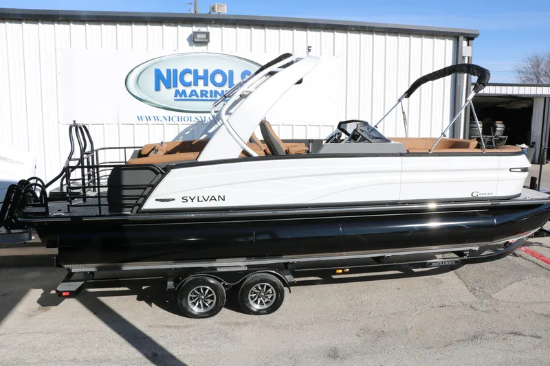 Slide: The Image of 2026 Sylvan G5 LZ DH Platinum Edition Tri-Toon boat on trailer at Nichols Marine. - 19