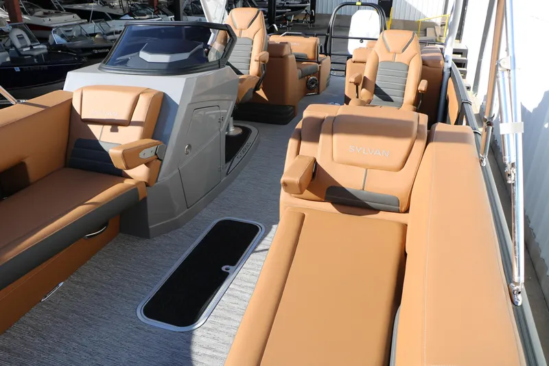 Slide: The Image of Luxurious interior of 2026 Sylvan G5 LZ DH Platinum Edition Tri-Toon boat. - 23