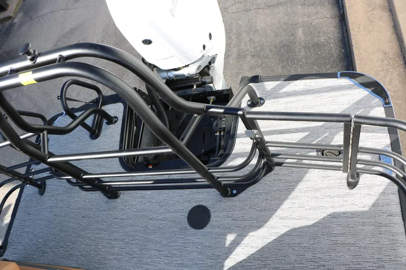 Slide: The Image of Rear view of 2026 Sylvan G5 LZ DH Platinum Edition Tri-Toon with metal railings. - 44