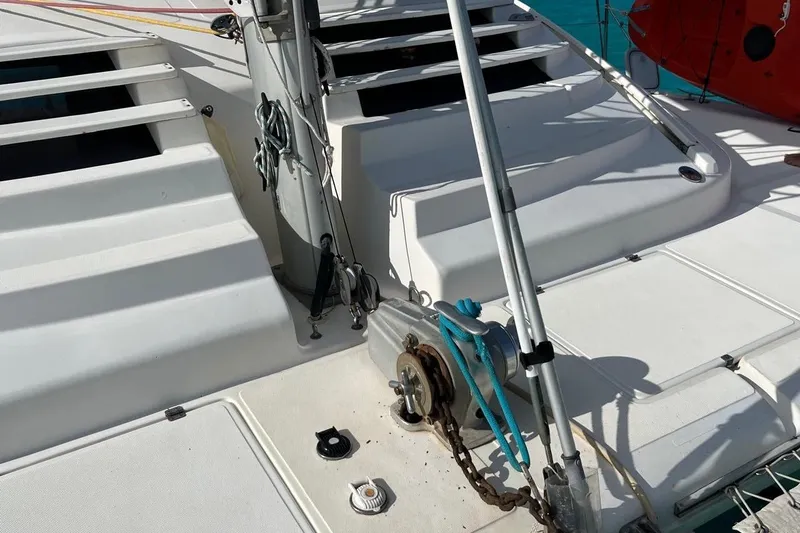 Slide: The Image of Deck of 2004 Island Spirit 400 catamaran with winch and ropes. - 31