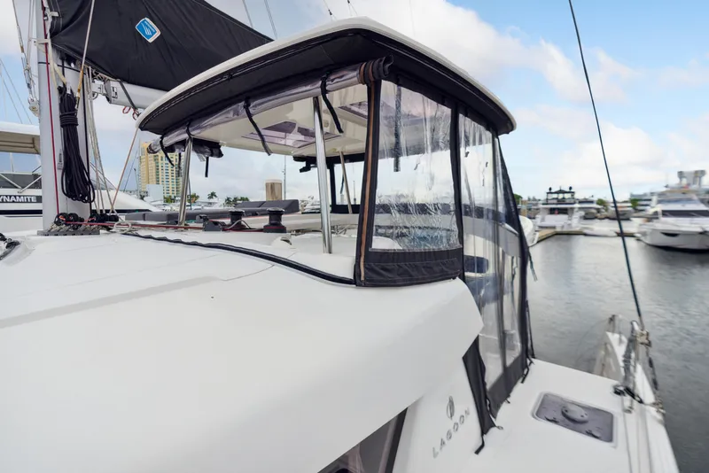 Slide: The Image of Interior view of Lagoon 42 yacht, 2019 model, featuring helm station. - 27