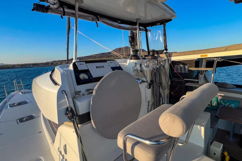 Slide: The Image of Control panel of a 2019 Lagoon 42 yacht with various gauges and switches. - 19