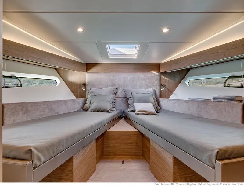 Slide: The Image of Luxurious bathroom interior of 2020 Beneteau Gran Turismo 46 yacht, featuring modern fixtures and wood accents. - 29
