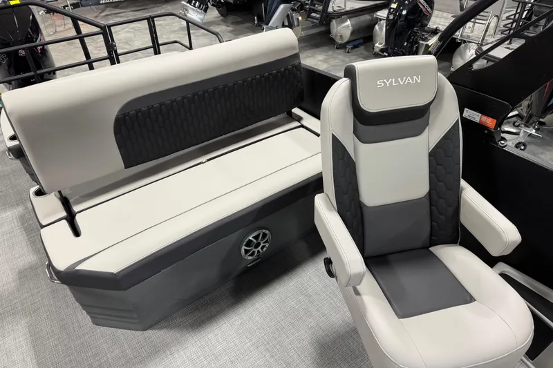 Slide: The Image of 2026 Sylvan L-5 Platinum boat seats, featuring modern design and comfortable upholstery. - 7