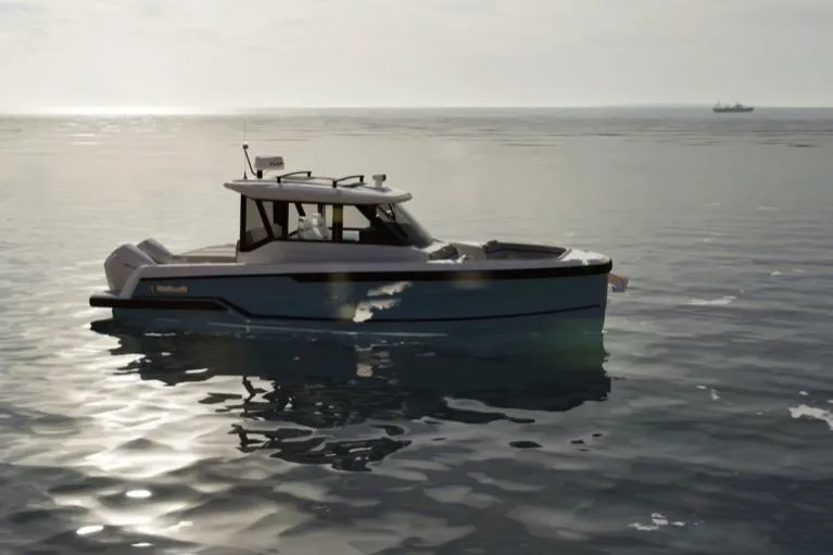 Slide: The Image of Wellcraft 28 Explorer 2026 on calm sea at sunset. - 5