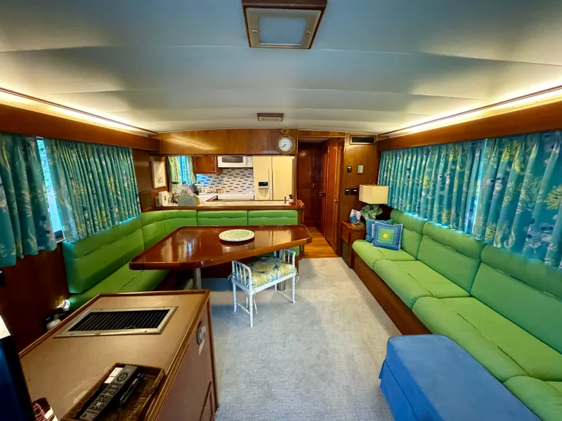 Slide: The Image of Interior of 1975 Hatteras 58L Long Range Cruiser with bean bag chair. - 18