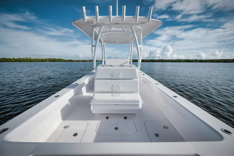 Slide: The Image of 2024 Birdsall 30 boat with spacious deck and seating on calm water. - 26