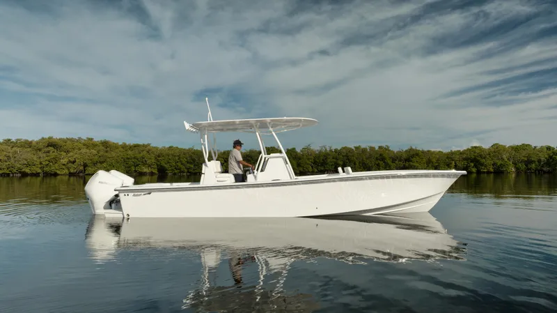 Slide: The Image of 2024 Birdsall 30 boat on calm water with lush green background. - 39