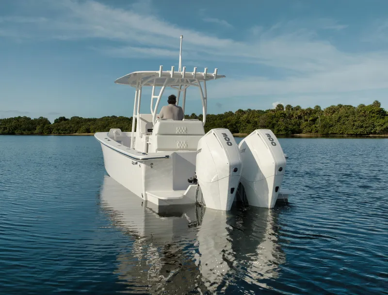 Slide: The Image of 2024 Birdsall 30 boat with dual engines on calm water. - 44