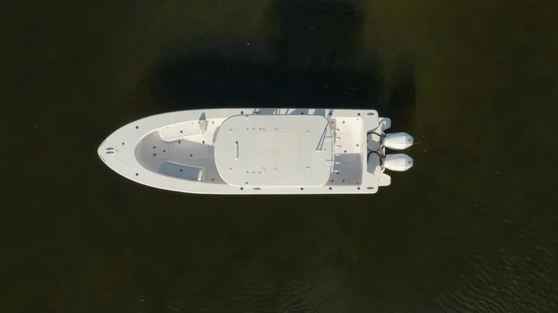 Slide: The Image of Aerial view of 2024 Birdsall 30 boat with twin engines. - 45